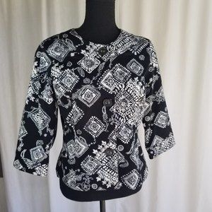 COLDWATER CREEK  jacket black white print fitted fully lined turquoise P6